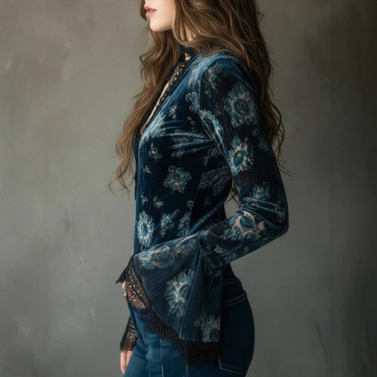 Women's Retro Lace Panel Blouse Elegant V-Neck Print Bell Long Sleeve Top For Spring Autumn Daily Wear 