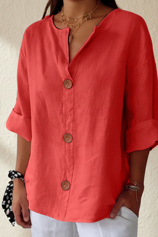 Women's V-neck cotton and linen buttoned blouse 