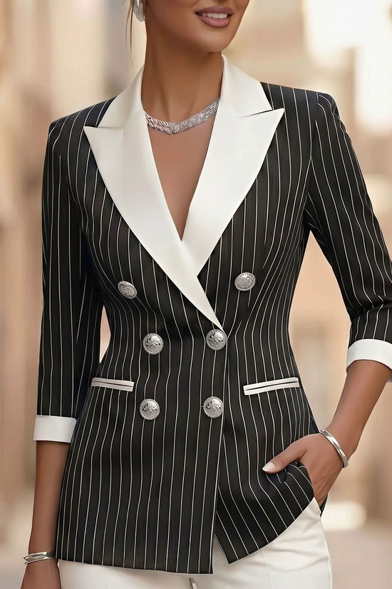 Style Black and White Thin Stripe Color-Blocked Notch Lapel Double-Breasted Three-Quarter Sleeve Suit Jacket for Women 