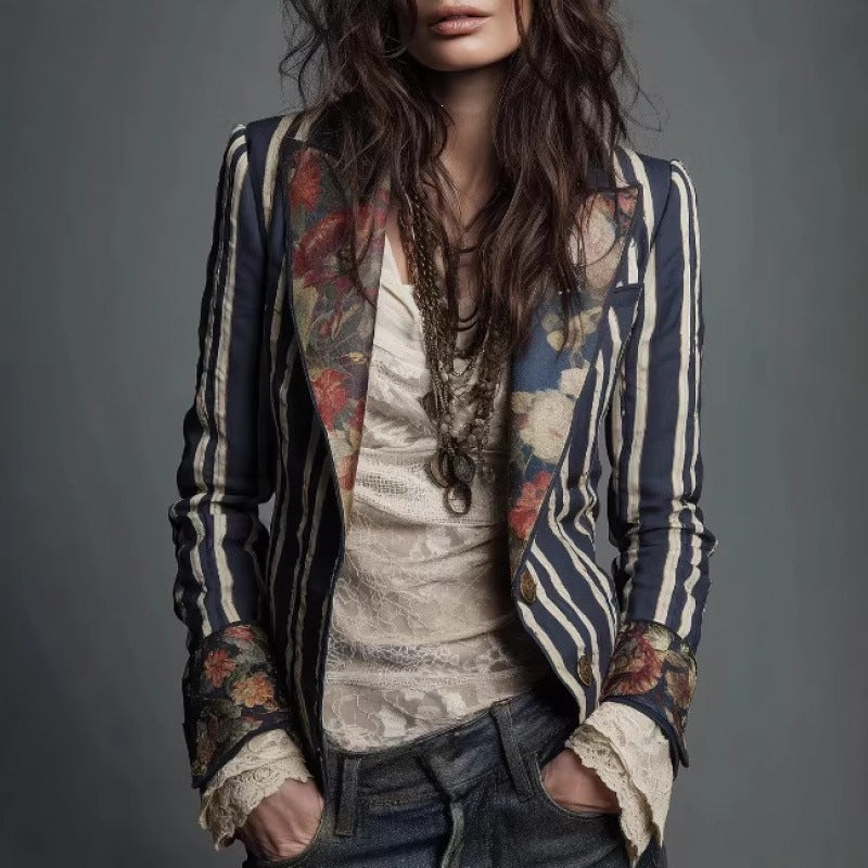 Women's Bohemian Color-Block Striped Blazer 