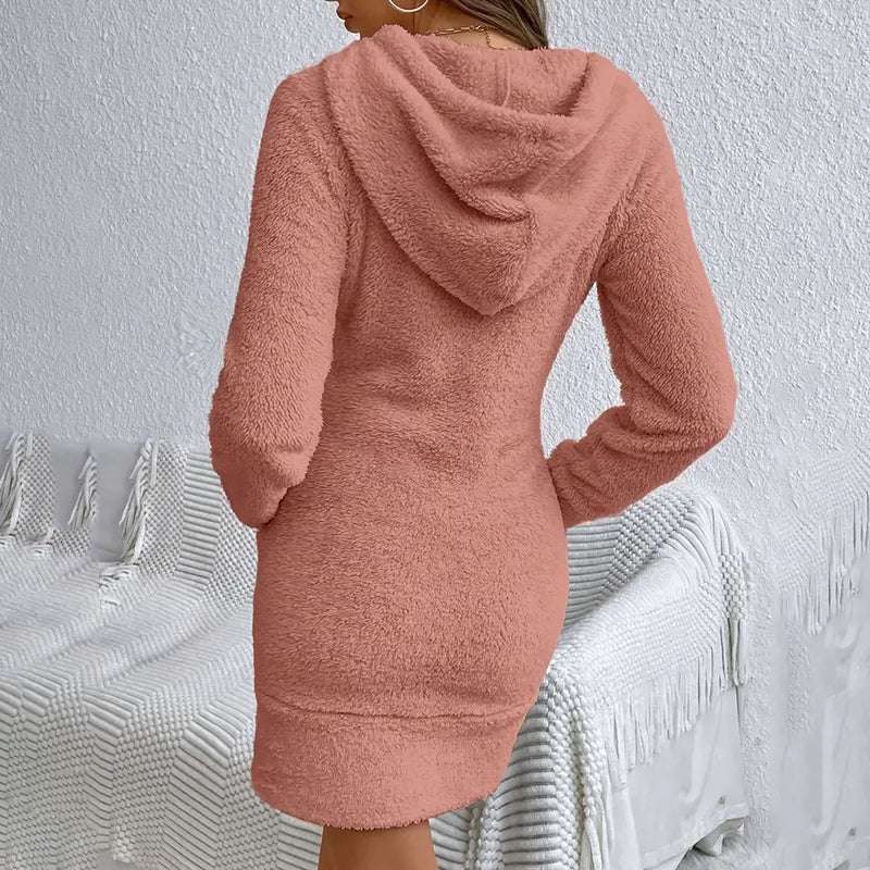 Women's Fuzzy Hoodie Dress - Slim Fit Long Sleeve Sweatshirt With Pocket, Cozy Casual Outfit 