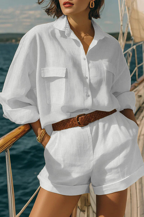 Cotton-linen Loose-fit Button-down Shirt And Shorts Fashion Casual Set 