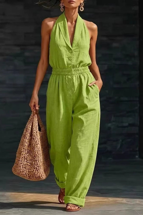 Fashionable Solid-Color Slimming V-Neck Jumpsuit 