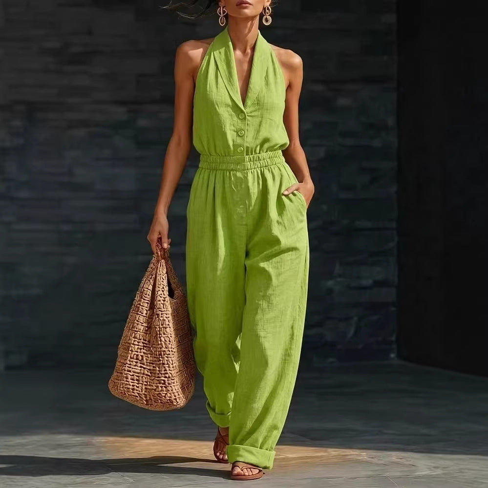 Fashionable Solid-Color Slimming V-Neck Jumpsuit 