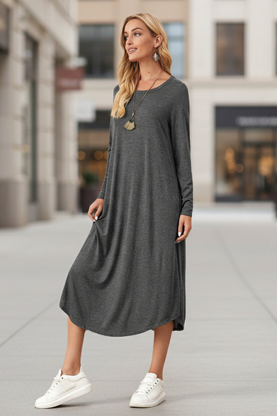 Womens Solid-Color Casual Long-Sleeve Dress 