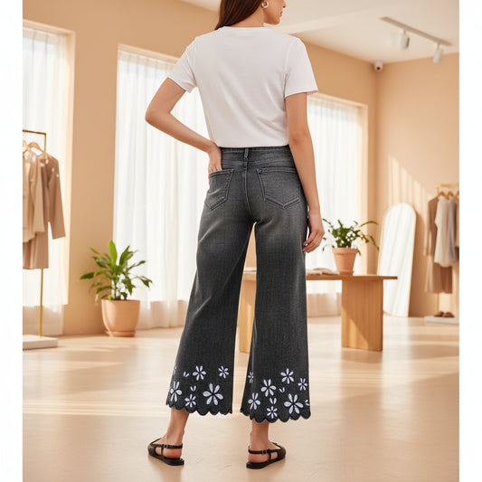Chrysanthemum Embroidered Casual Stretch Womens Cropped Denim Jeans 