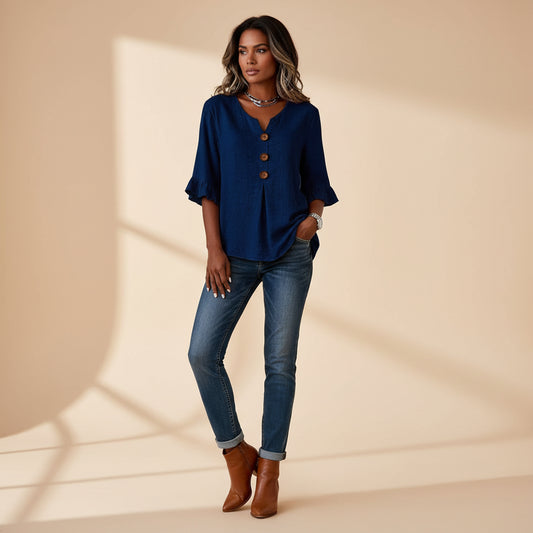 Fashionable Cotton Linen V-Neck Button-Up Blouse for Women Summer Casual Top 