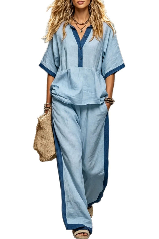 Casual Loose Solid Color Top with V-Neck and Three-Quarter Sleeves  Elastic Waist Loose Wide-Leg Pants Solid Color Set for Women 