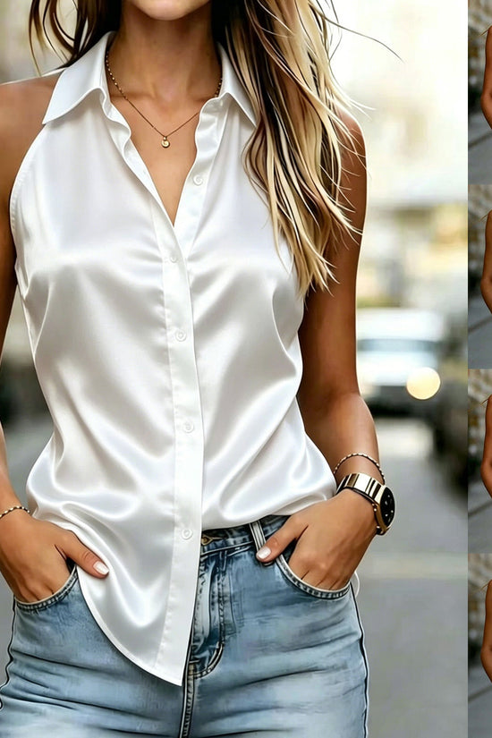 Women's Casual Solid-Color Versatile Satin Sleeveless Shirt 