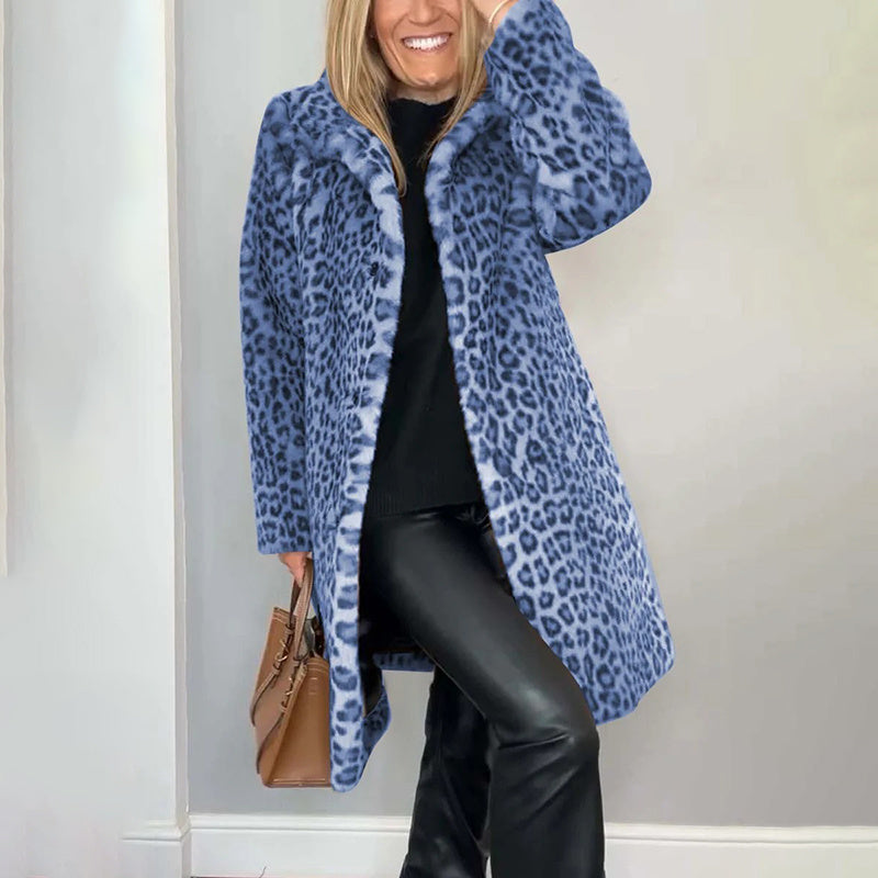 Women's Leopard Print Plush Jacket, Cozy Loose-Fit Warm Coat Elegant Medium-Length Fall Winter Outwear