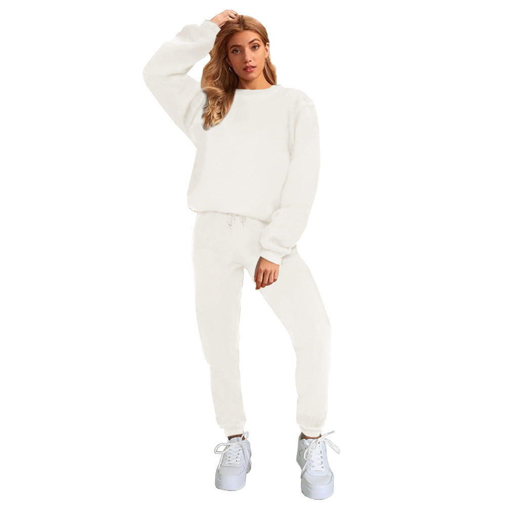 👚 Women's Solid Color Round Neck Pullover Sweatshirt & Pants Set FitiqueFit