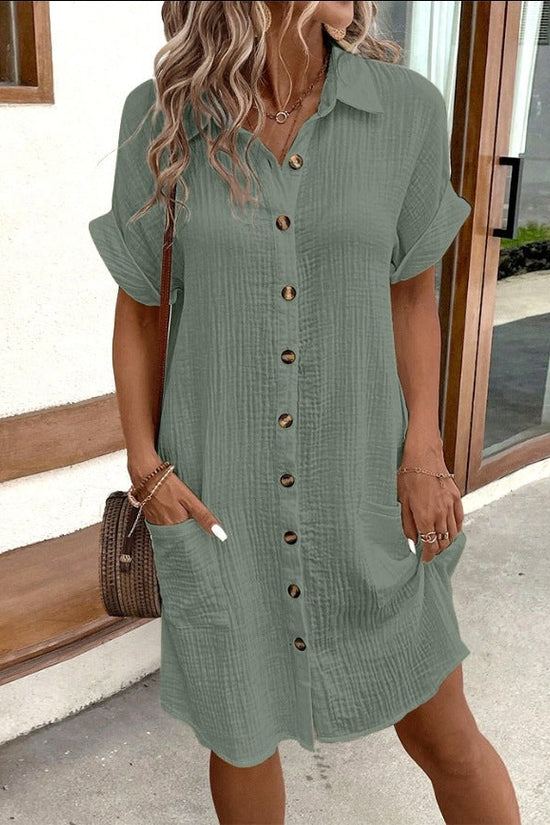 Casual Solid-Color Single-Breasted Mid-Length Short-Sleeve Dress 