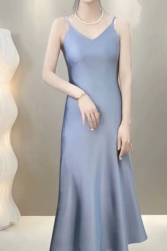 New Style French-Style Summer Acetate Satin Loose Strap Long Dress 
