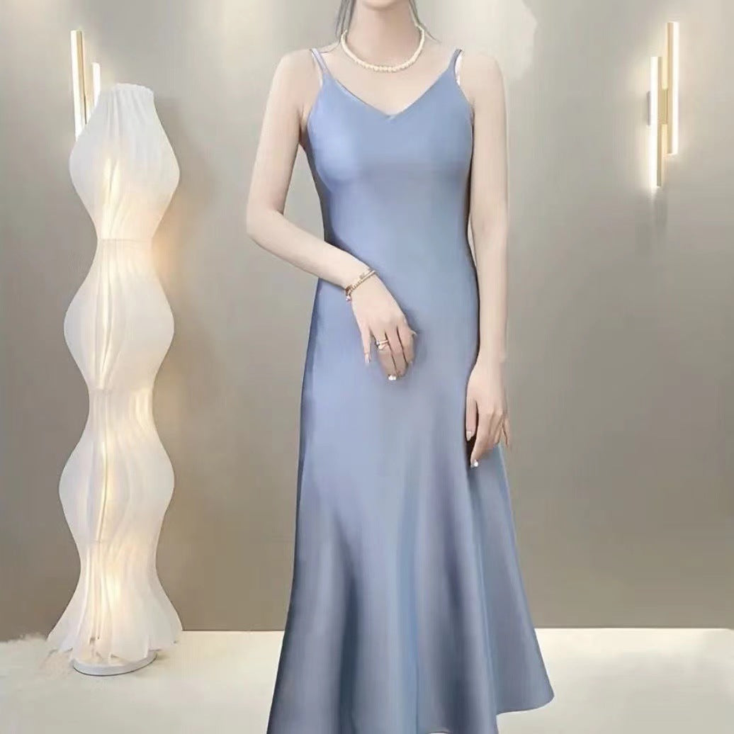 New Style French-Style Summer Acetate Satin Loose Strap Long Dress 