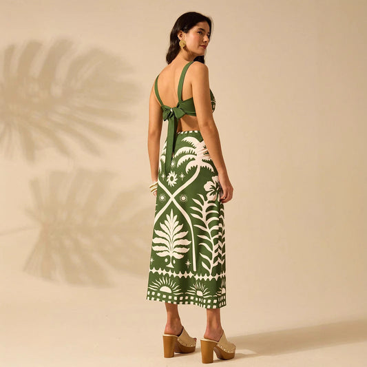 Womens Printed Camisole And High-waisted Straight Midi Skirt 