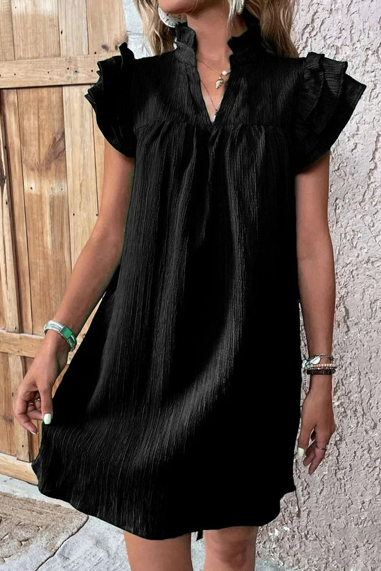 Ruffled Notched Cap Sleeve Mini Dress 
