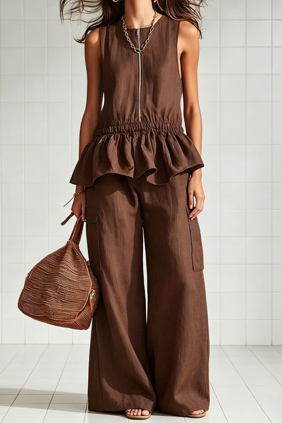 Sleeveless pleated vest wide leg pants set 