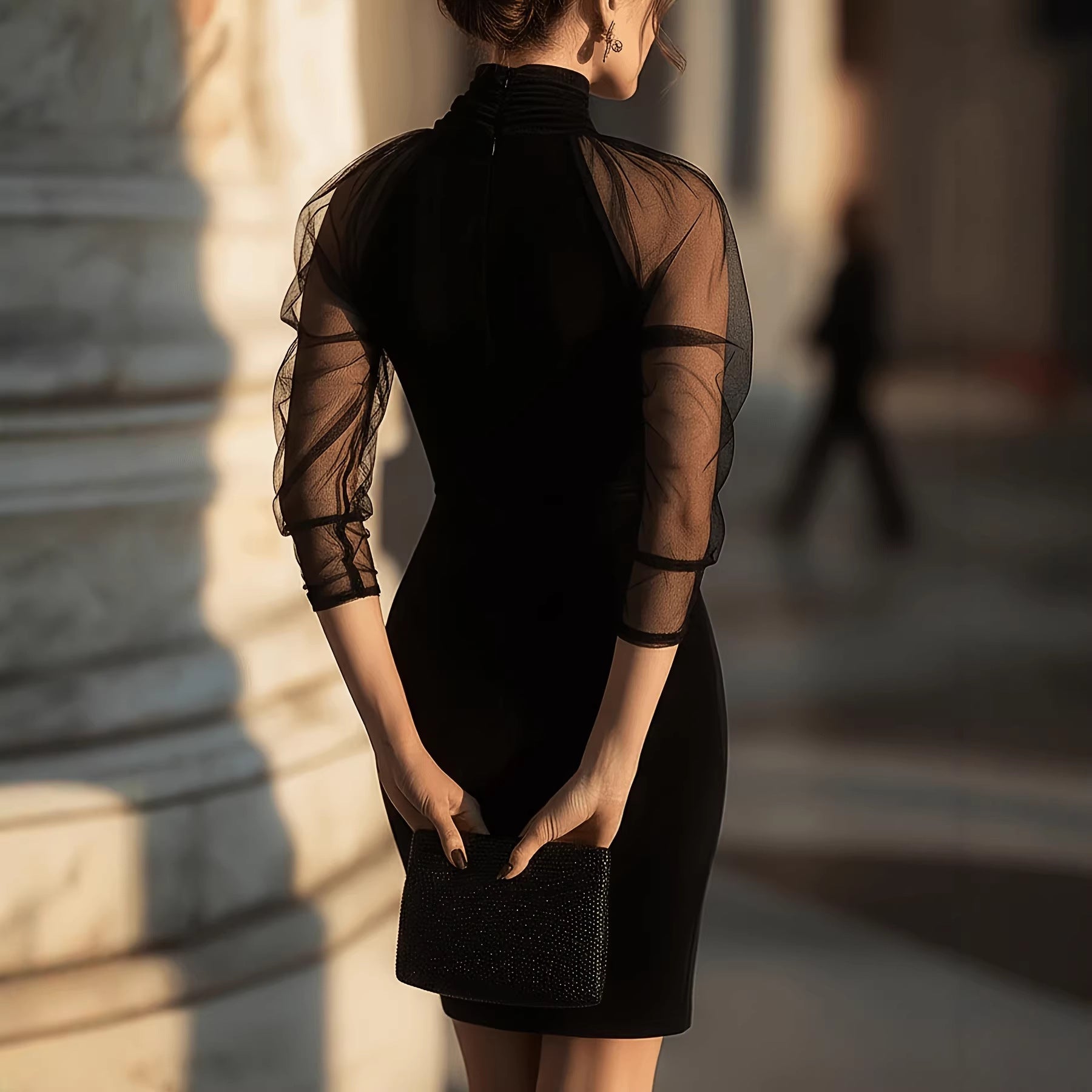 Elegant Long Sleeve Sheath Dress with High Neck and Mesh Overlay for Formal Evening Wear 