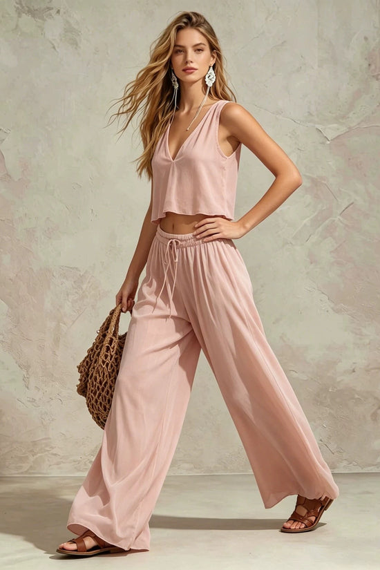 V-neck solid color sleeveless camisole top wide leg pants set