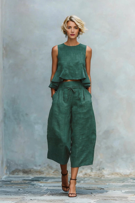 Womens Linen-blend Two-piece Set With Ruffled Detailing 