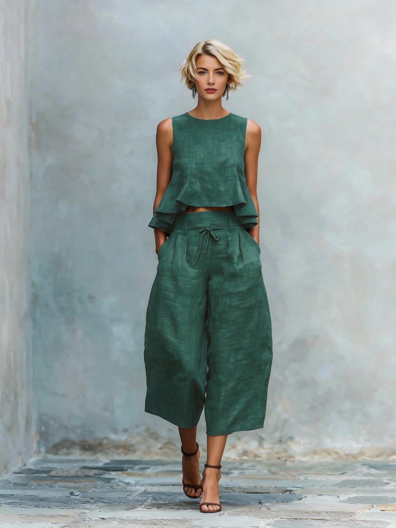 Womens Linen-blend Two-piece Set With Ruffled Detailing 