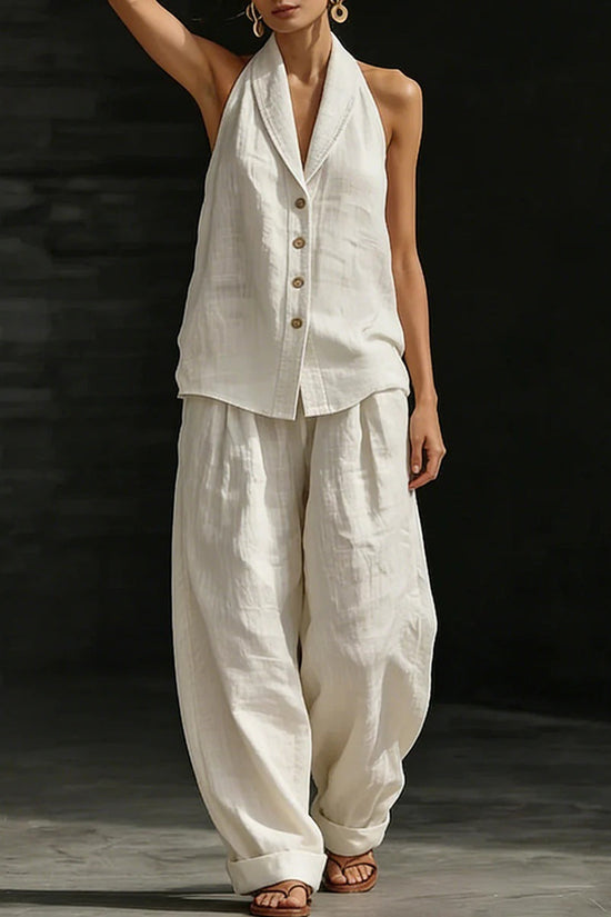 Wide-leg Pants Suit Womens Cotton-linen Fashionable Two-piece Set 