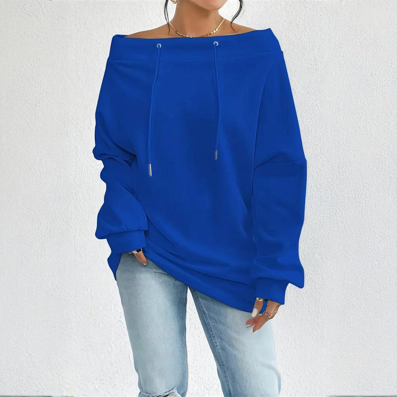 Plus Size Women's Solid Color Off-Shoulder Long Sleeve Pullover With Drawstring - Casual Ribbed Detail Top For Spring&Fall CJ US