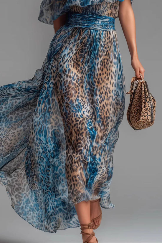 Blue-toned Leopard-print Chiffon Off-shoulder Dress For Women 