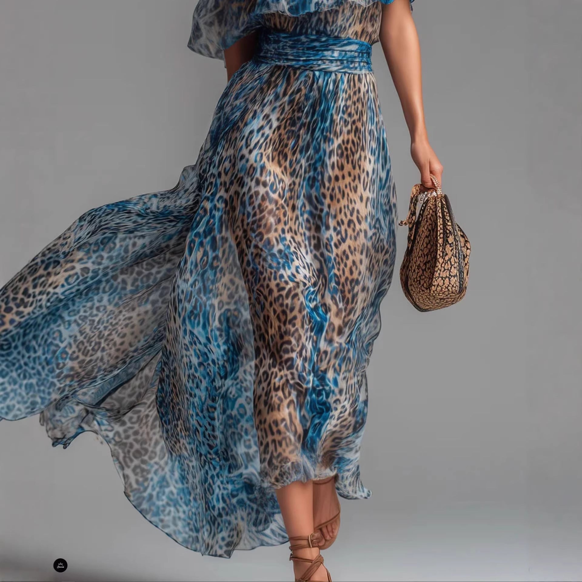 Blue-toned Leopard-print Chiffon Off-shoulder Dress For Women 