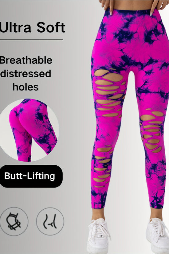 New Style Women's High-Waisted Yoga Leggings With Hollow-Out & Tie-Dye Design CJ US