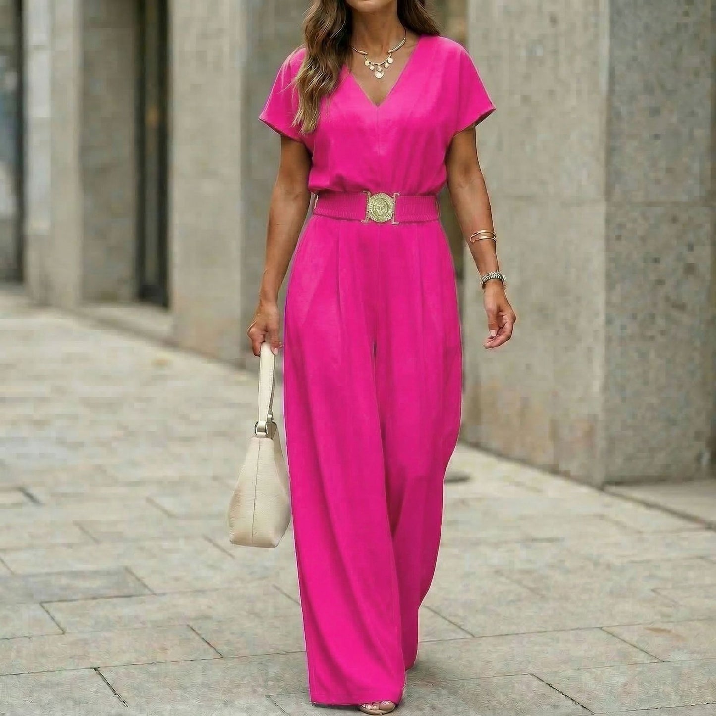 Womens V-neck Solid-color Short-sleeve Long-pants Belted Jumpsuit 