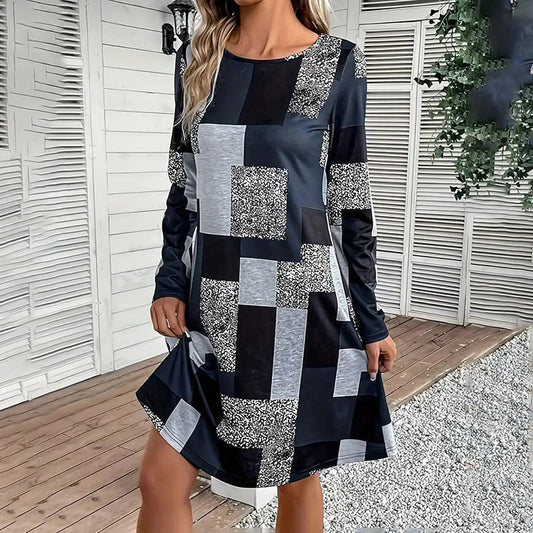 Women's Round Neck Long Sleeve Dress - Digital Print Casual Elegant Spring & Fall Dress CJ US