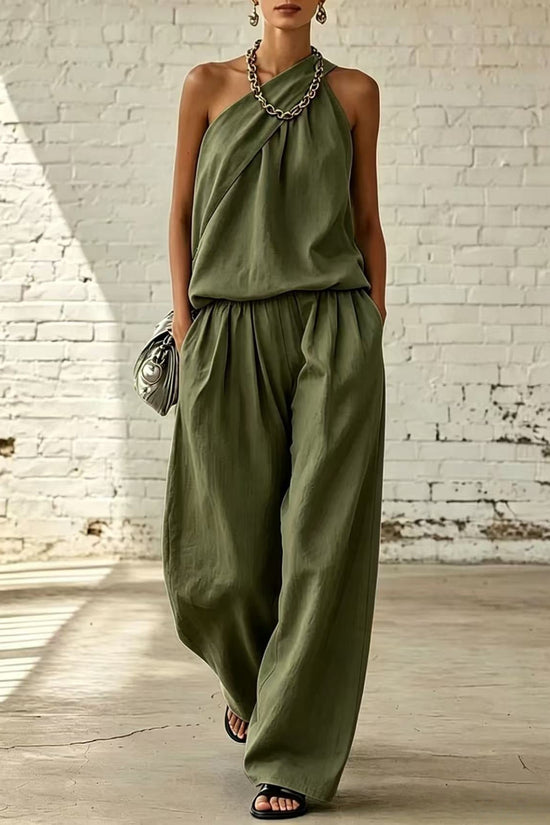 Cotton-linen Sleeveless Double-layer Top And Wide-leg Pants Set 