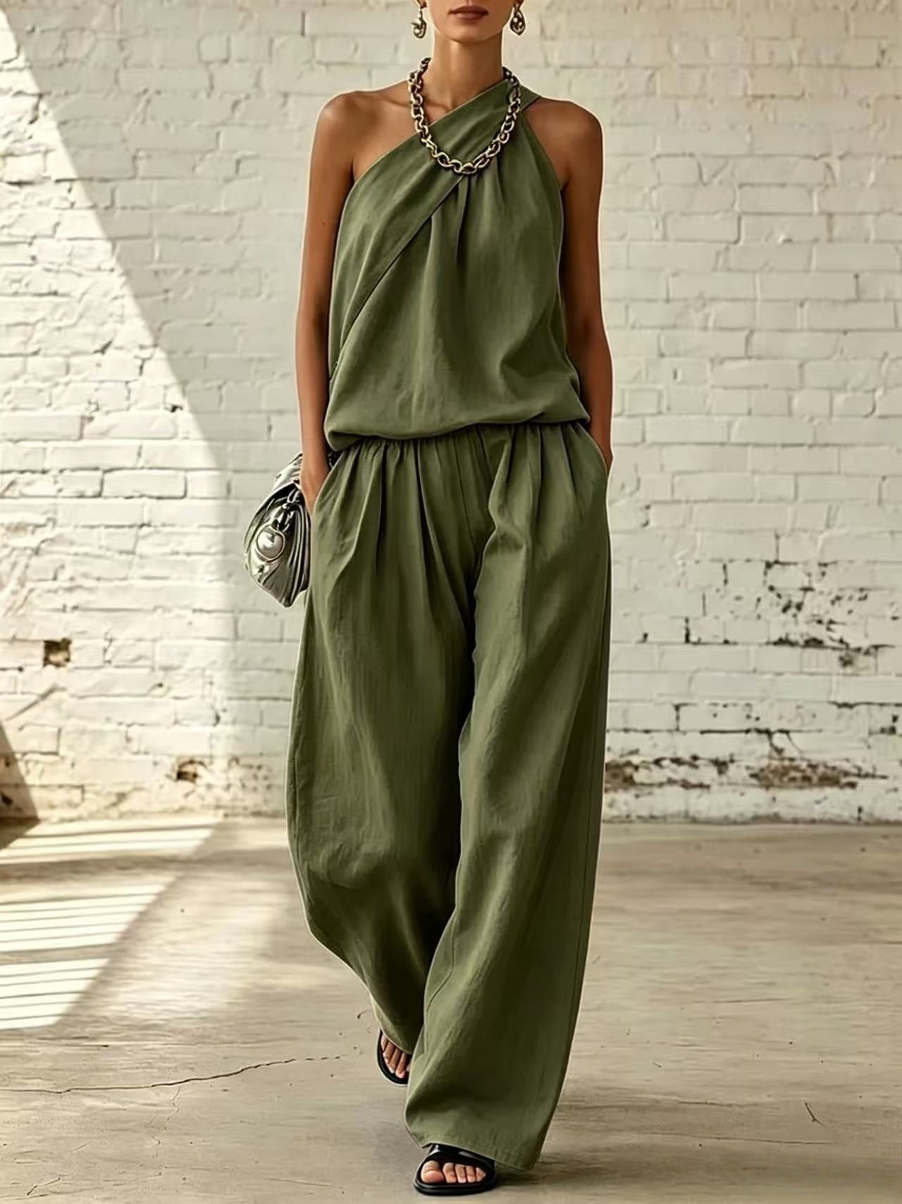 Cotton-linen Sleeveless Double-layer Top And Wide-leg Pants Set 