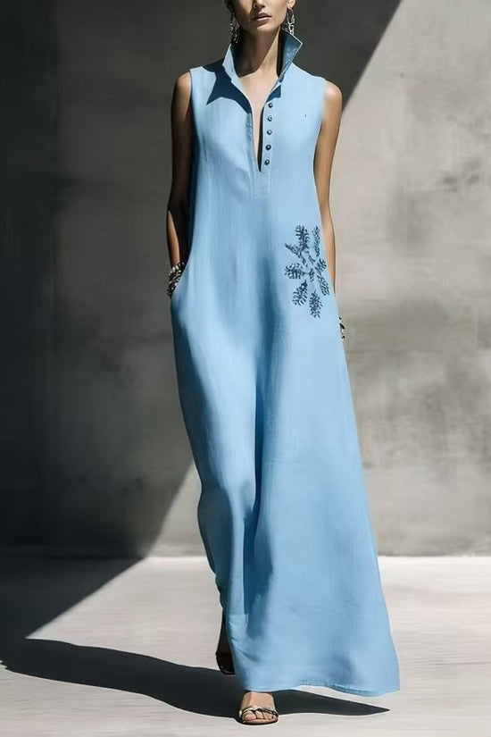 Heat-transfer Graphic Pocket Casual Mandarin-collar Cotton-linen Dress 