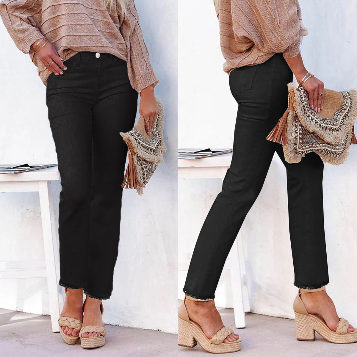 Straight Leg Ankle-Length White Raw Hem Denim Pants T Casual Wear 