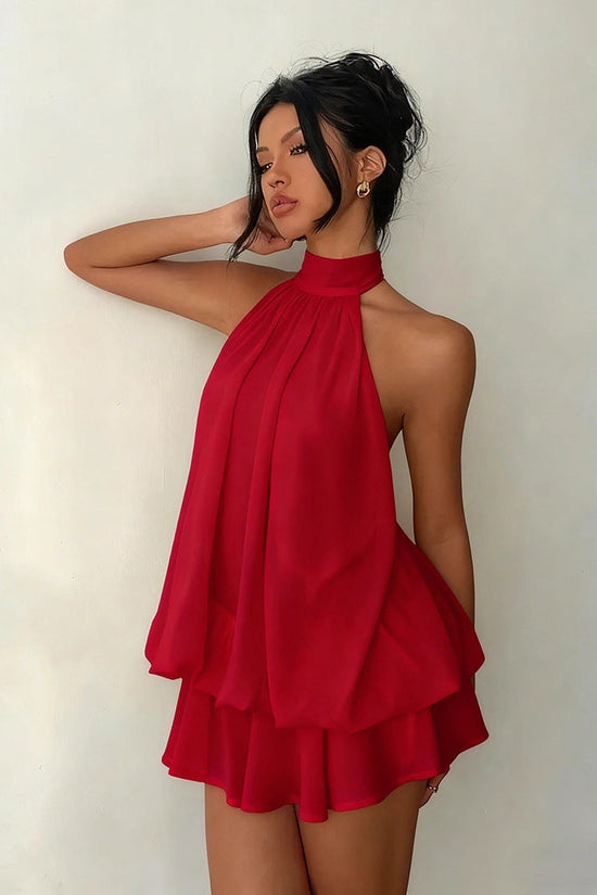 Women's vacation fitted sexy backless halter neck tie-waist dress with puffy short skirt 