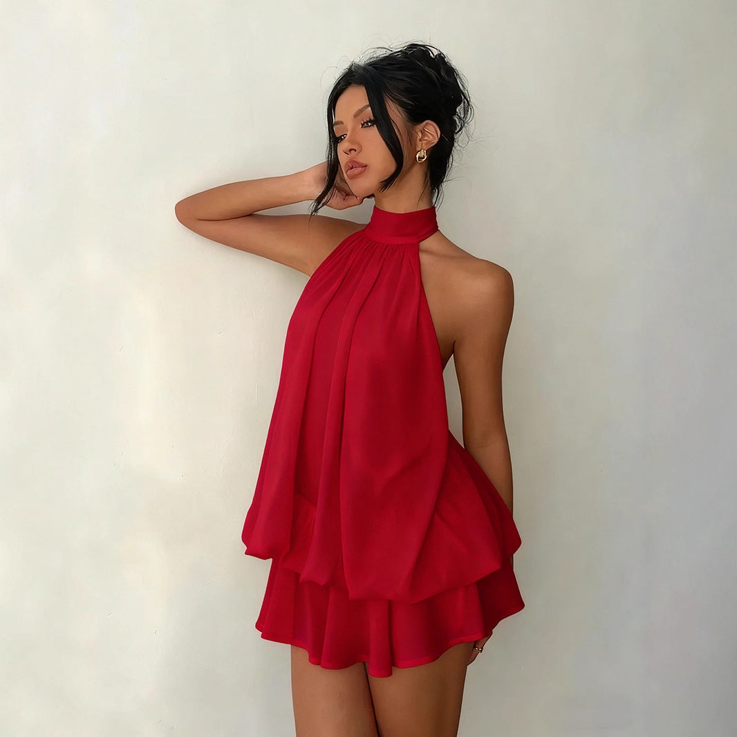 Women's vacation fitted sexy backless halter neck tie-waist dress with puffy short skirt 
