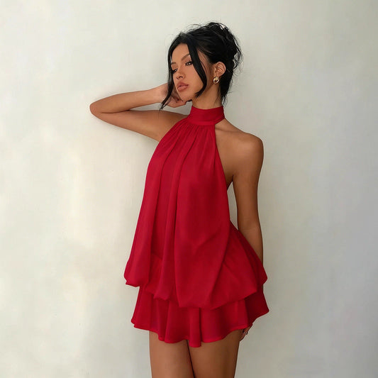 Women's vacation fitted sexy backless halter neck tie-waist dress with puffy short skirt 