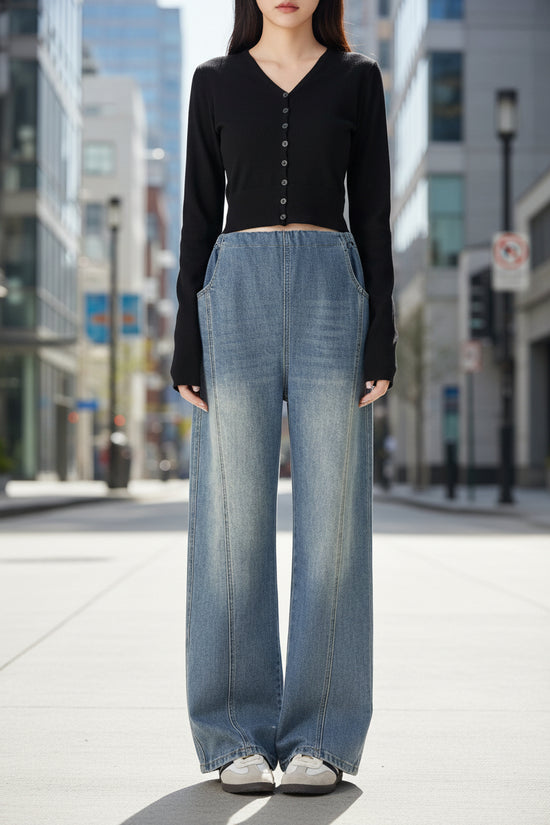 Retro Loose Straight-Leg High-Waist Floor-Length Wide-Leg Maternity Jeans 