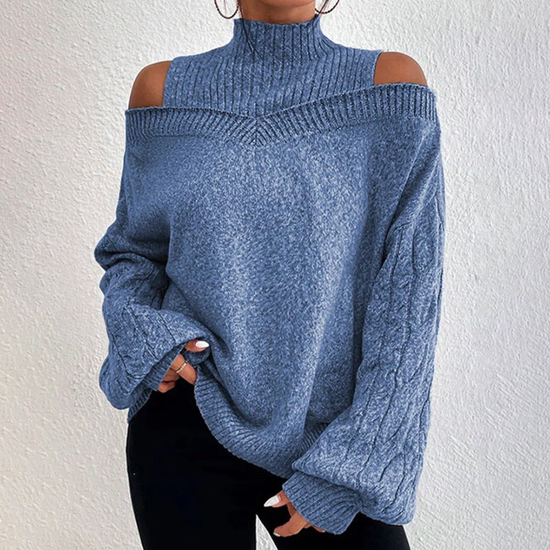 Women's Cold Shoulder Sweater - Sexy High Neck Cut Out Pullover Long Sleeve Top 