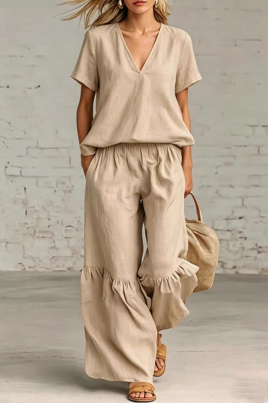 Womens Casual Solid Color V-Neck Loose Short-Sleeve Pants Set 