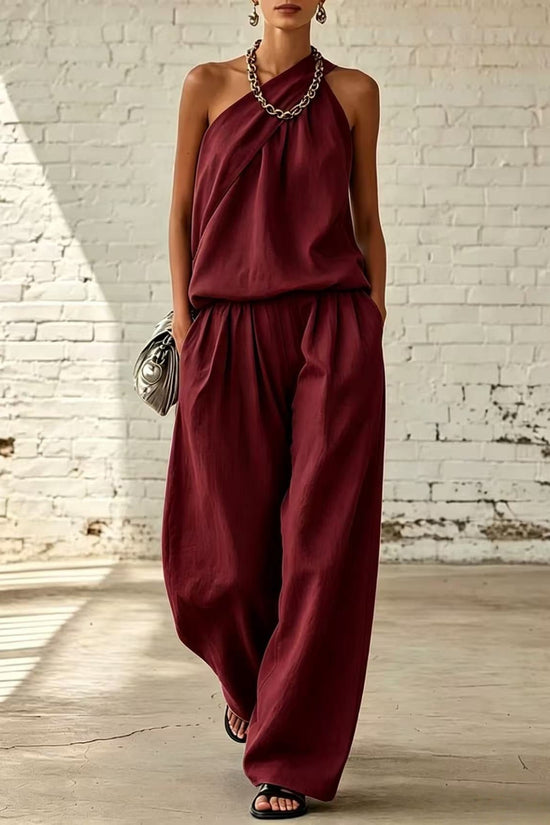 Cotton-linen Sleeveless Double-layer Top And Wide-leg Pants Set 