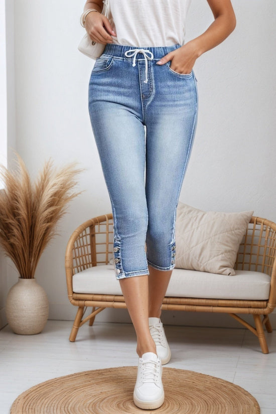 2025 New Women Chic Chic Denim Shorts, Drawstring Closed And Split Button Hem, Comfortable Fabric, Suitable For All Kinds Of Wear, Spring And Summer Women's Wear CJ US