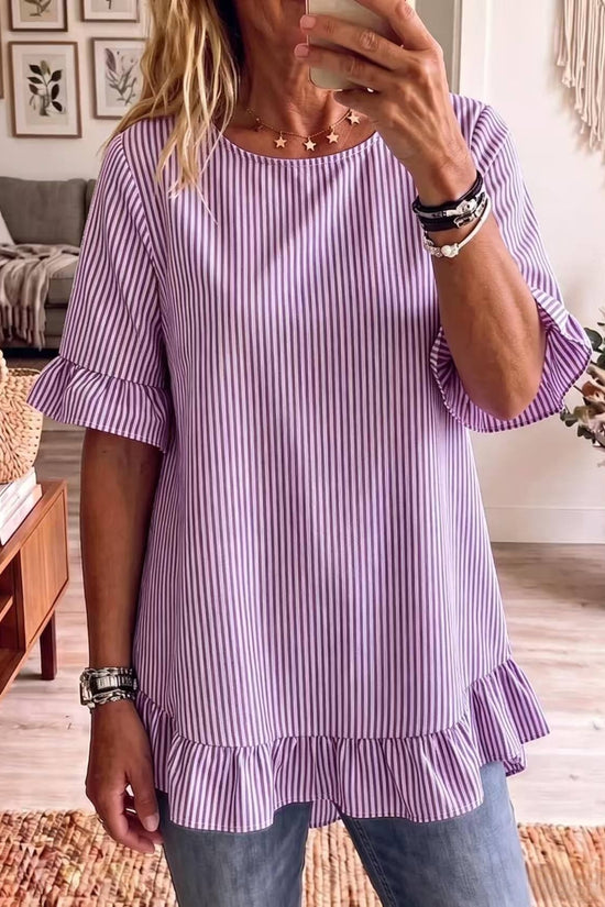 Womens Striped Loose-fit Casual Ruffled-edge Blouse 
