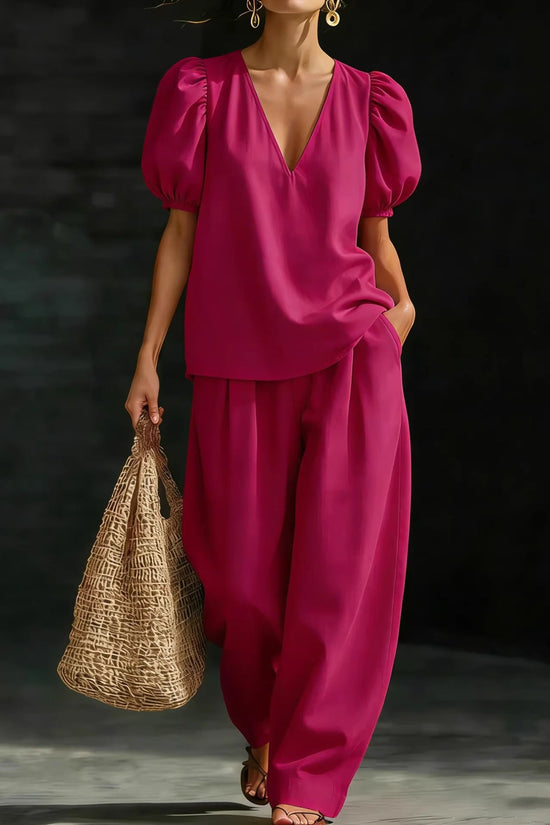 V-Neck Short-Sleeve Fashionable Casual Womens Set 