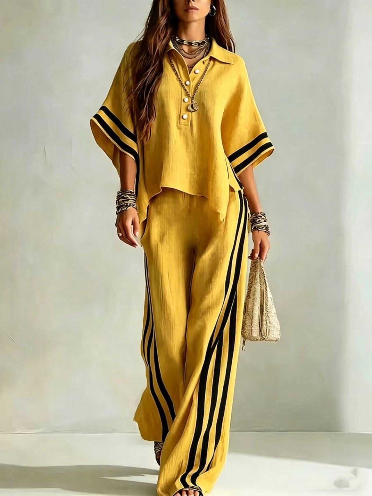Womens Clothing Short-Sleeve Shirt And Loose Pants Two-Piece Set 