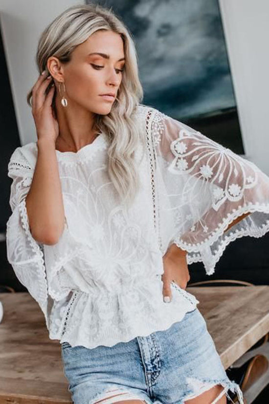 Womens New Arrival Lace Trim Top Short-Sleeve Shirt Loose Batwing Sleeve 