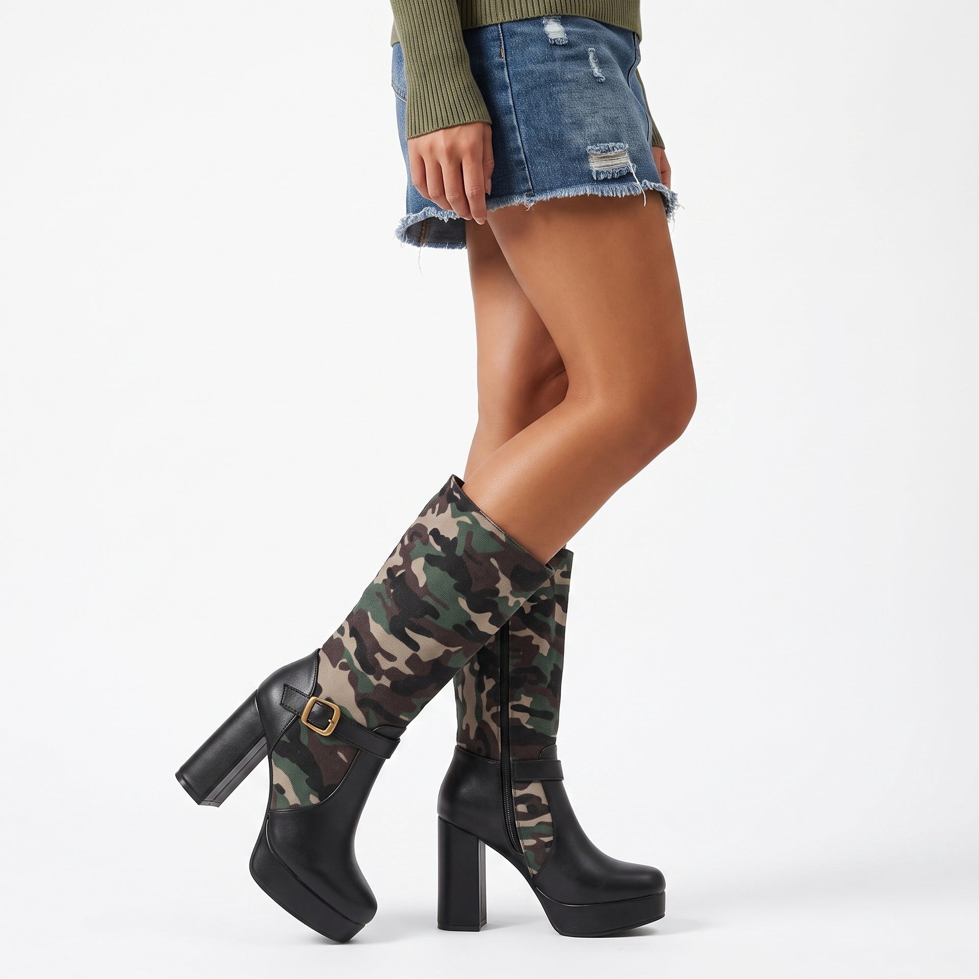 Fashion Punk Style Camouflage High-Cut Women's Boots with Thick Heel and Platform Made to order, ships in 7 days 