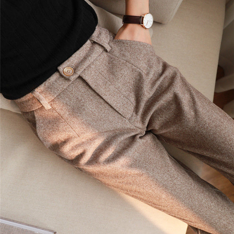 Women's Solid Color Wool-Like Tapered Trousers, Classic Ankle-Length Pants For Office And Formal Wear 